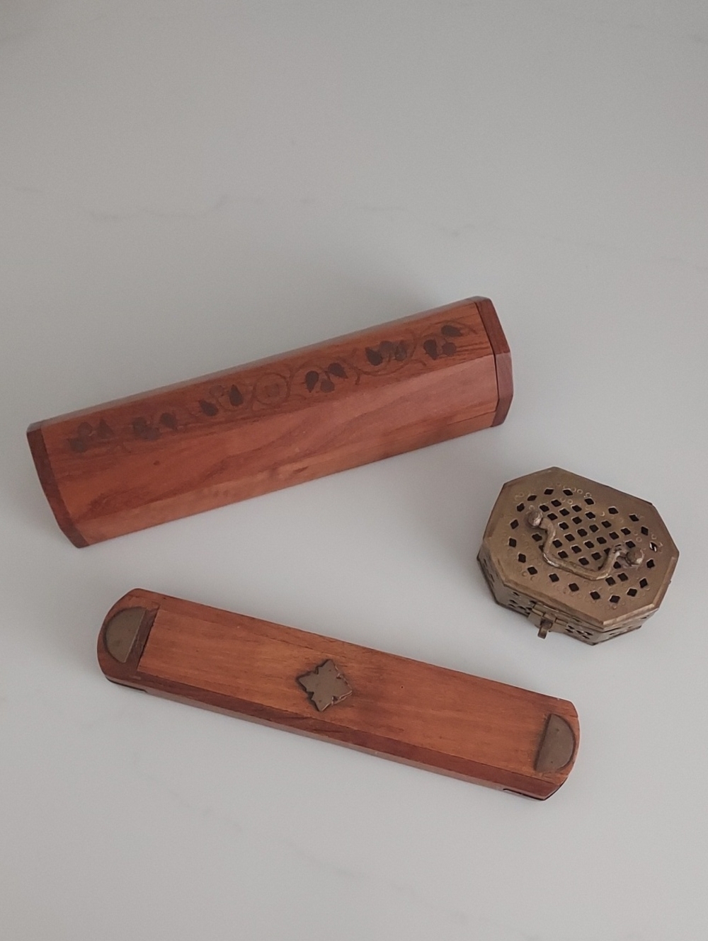 Collection Vintage Boxes Carved Wood & Brass? Metal Trinket Incense Gangotri